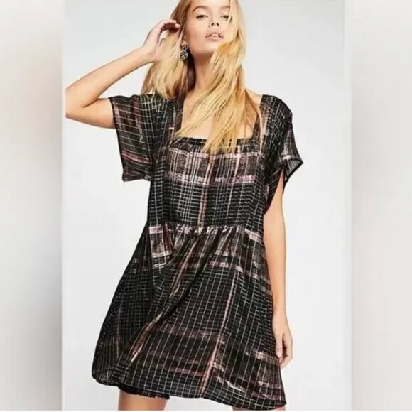 Free People Barcelona Shimmer Plaid Metallic Mini Dress in Black Pockets SP - Picture 1 of 15